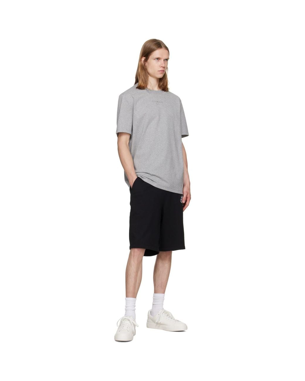 Balmain Gray Embroidered Paris' T-Shirt for men