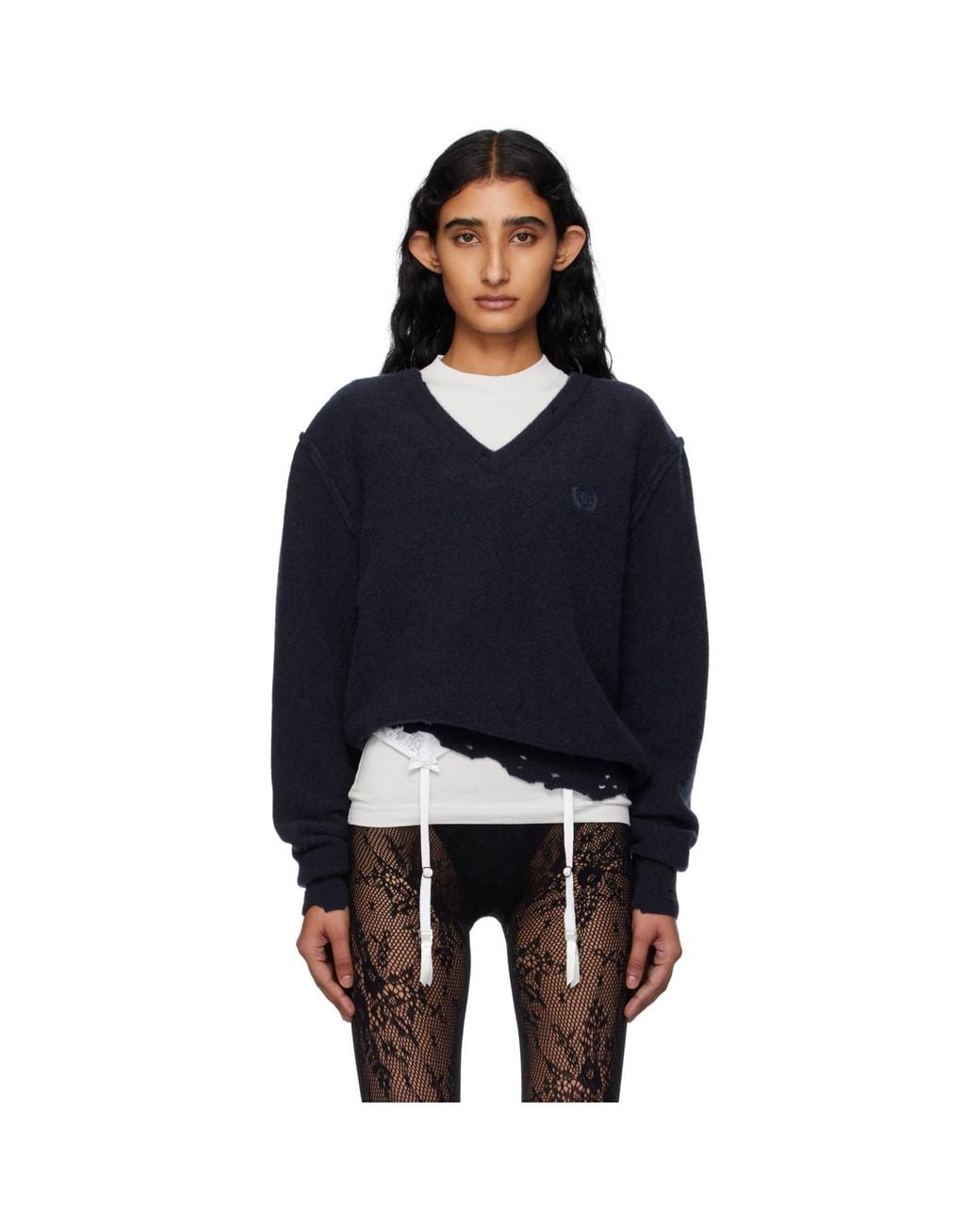 Balenciaga Blue Laurel Classic Inside-Out V-Neck Sweater