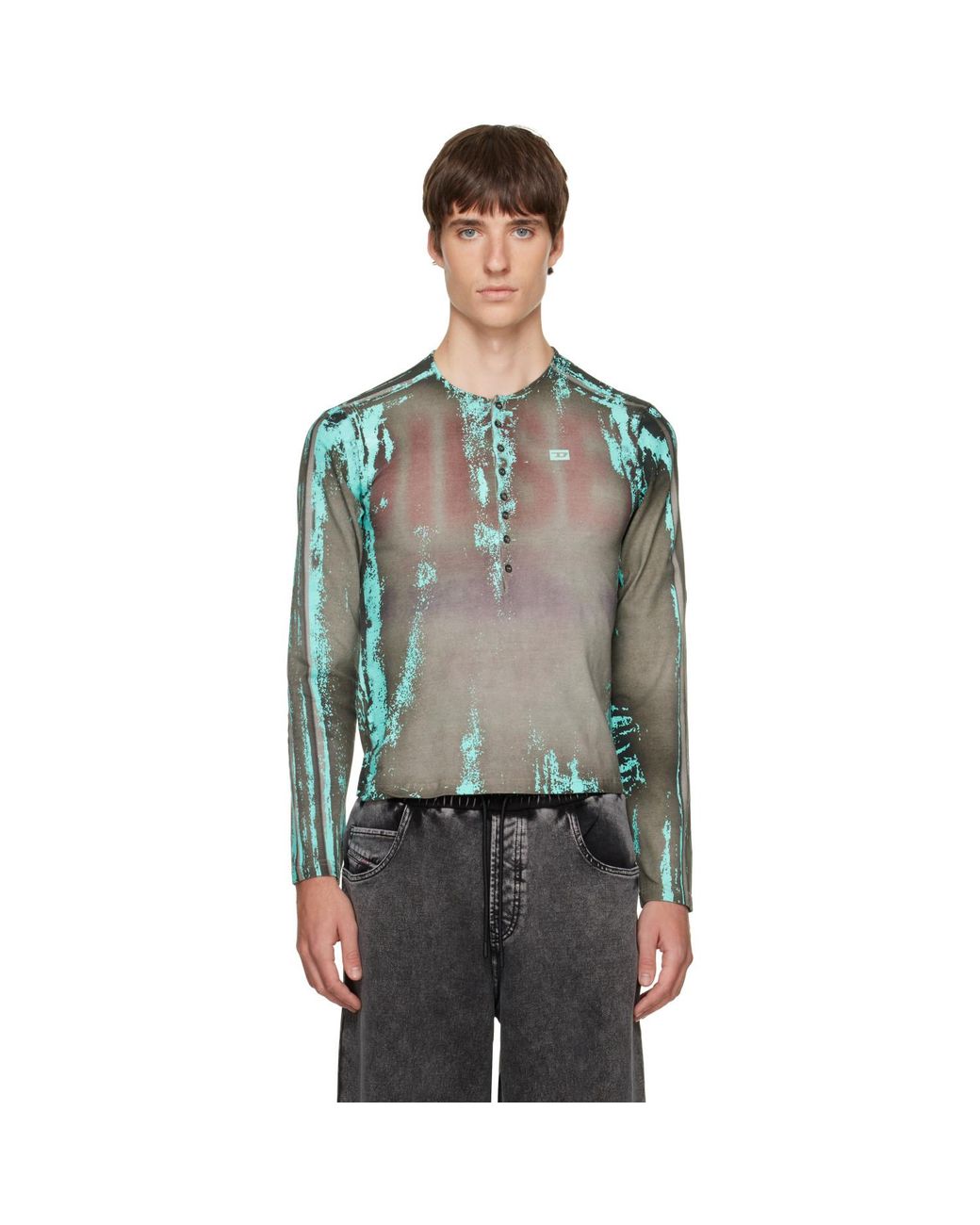 DIESEL Green Grandad Cracked Leather-Effect Jersey Henley for men