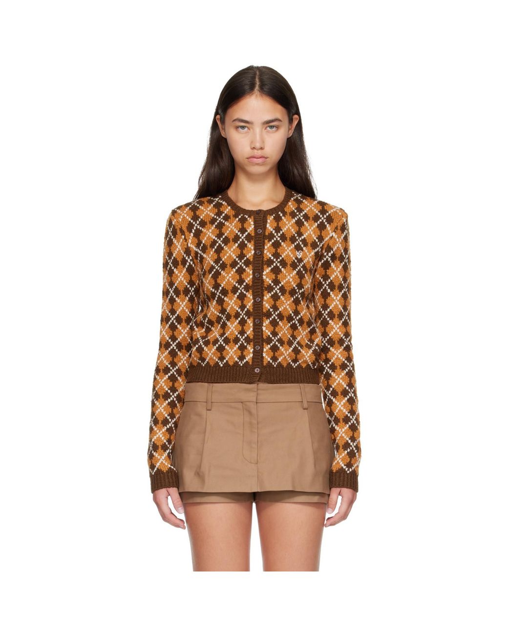 Acne Brown Bouclé Argyle Knit Cardigan