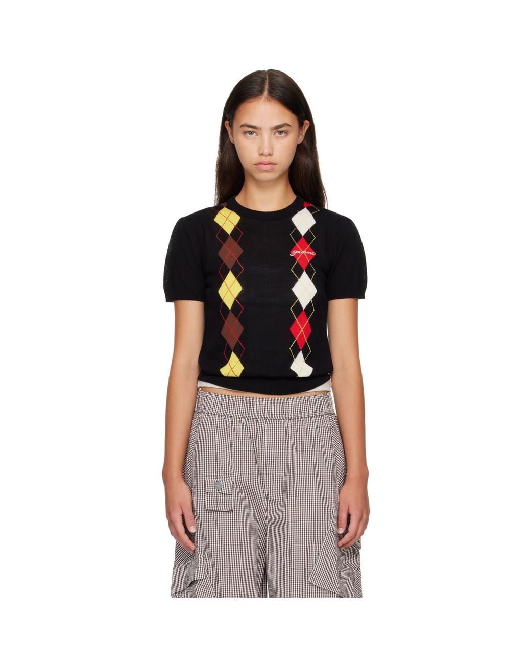 Ganni Black Argyle Sweater