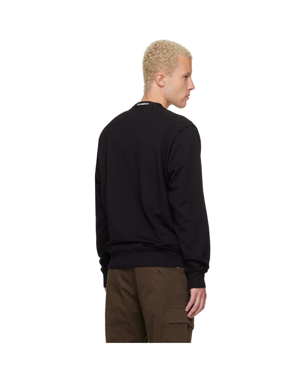 C P Company Black Diagonal Raised Fleece Crewneck Lens Sweatshirt for men