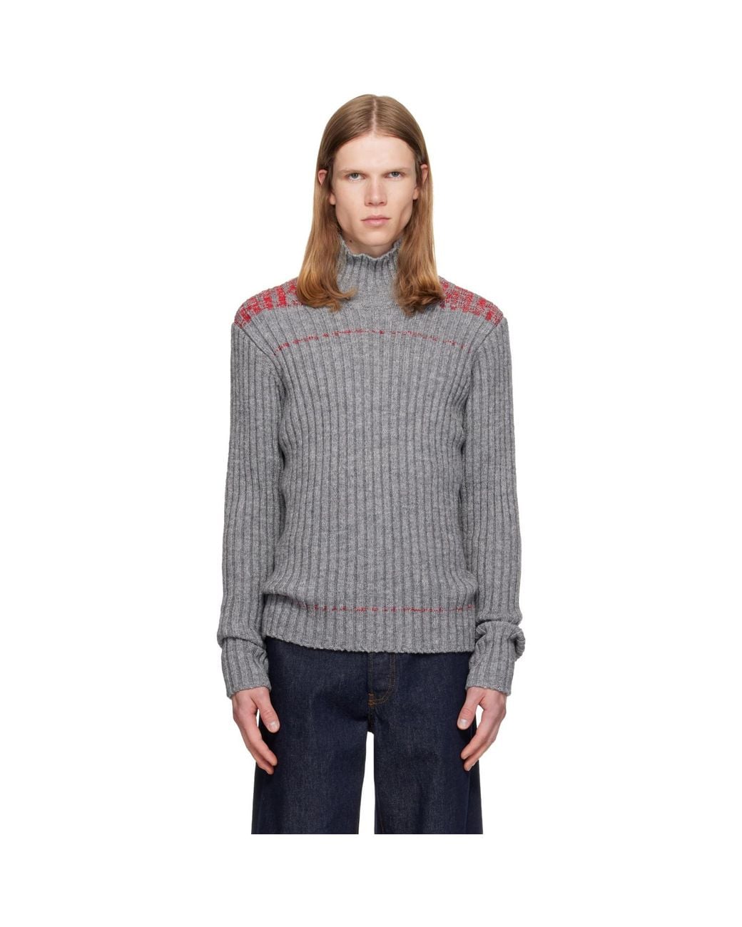 Dries Van Noten Gray Rib-Knit Wool Turtleneck for men