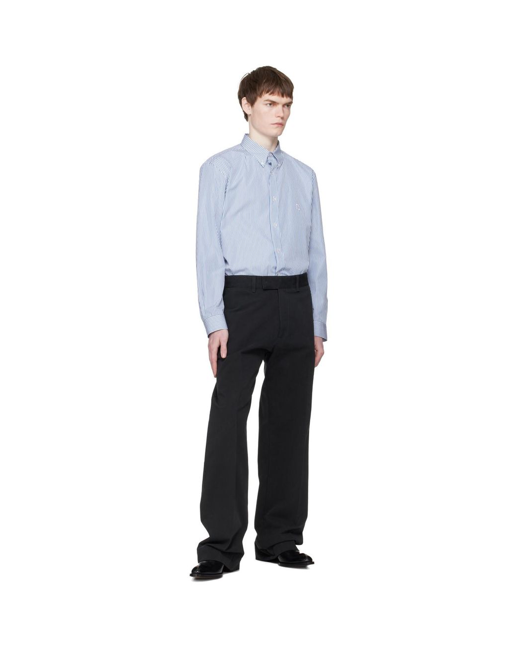 Balmain Gray Embroidered Pinstripe Popeline Regular Shirt for men
