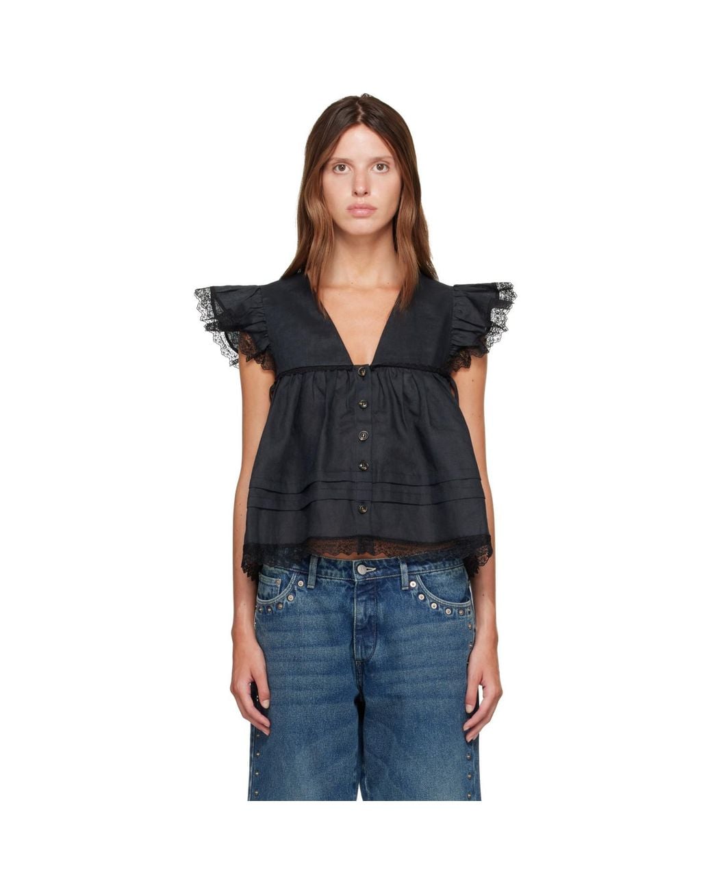 Ganni Black Linen Blouse
