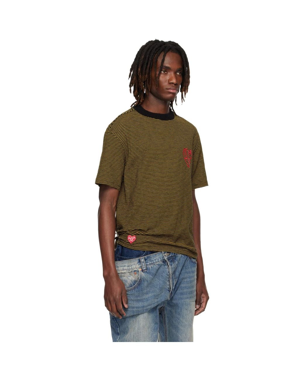 ANDERSSON BELL Green Essential Heart Logo Stripe T-Shirt for men