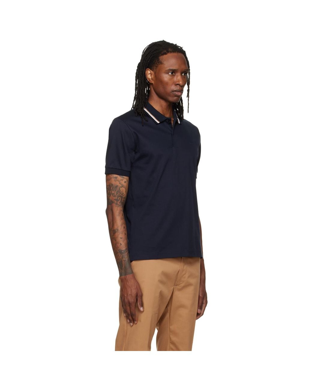 Boss Blue Striped Collar Slim-Fit Cotton Polo for men