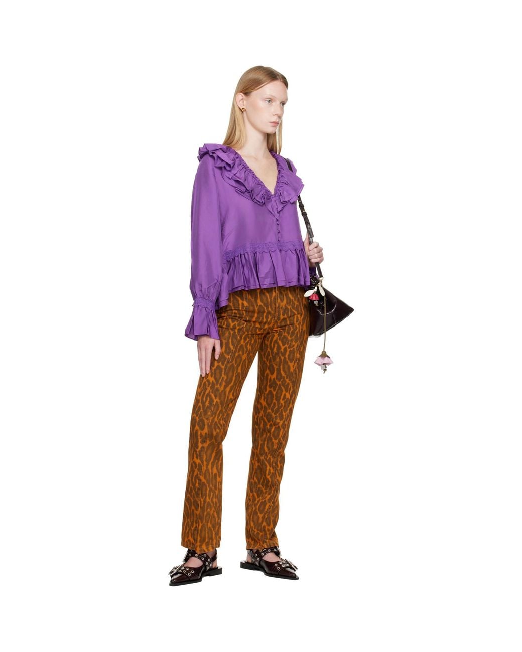 Ganni Brown Fold Leopard Denim Jeans