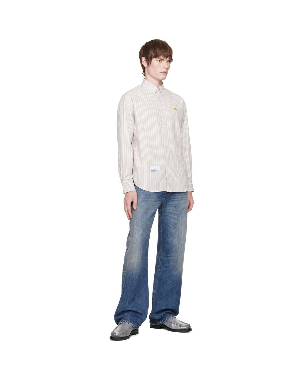 Aape By A Bathing Ape White 'Aapenow' Moonface Striped Long Sleeve Shirt for men