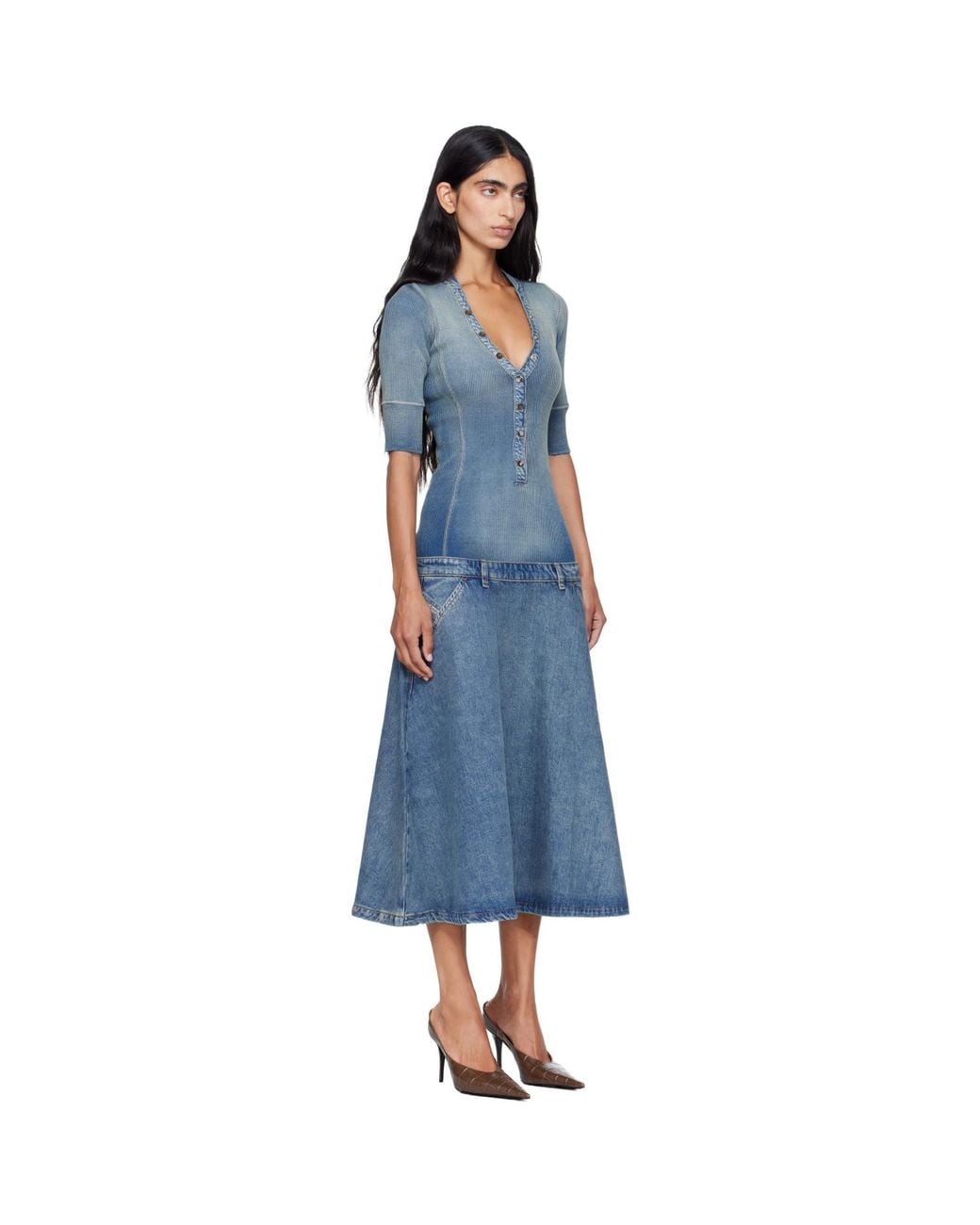 DIESEL Blue Drop-Waist Knit & Denim Midi Dress