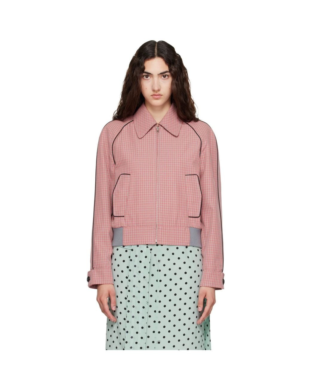 Marni Red Plaid Crop Bomber Jacket