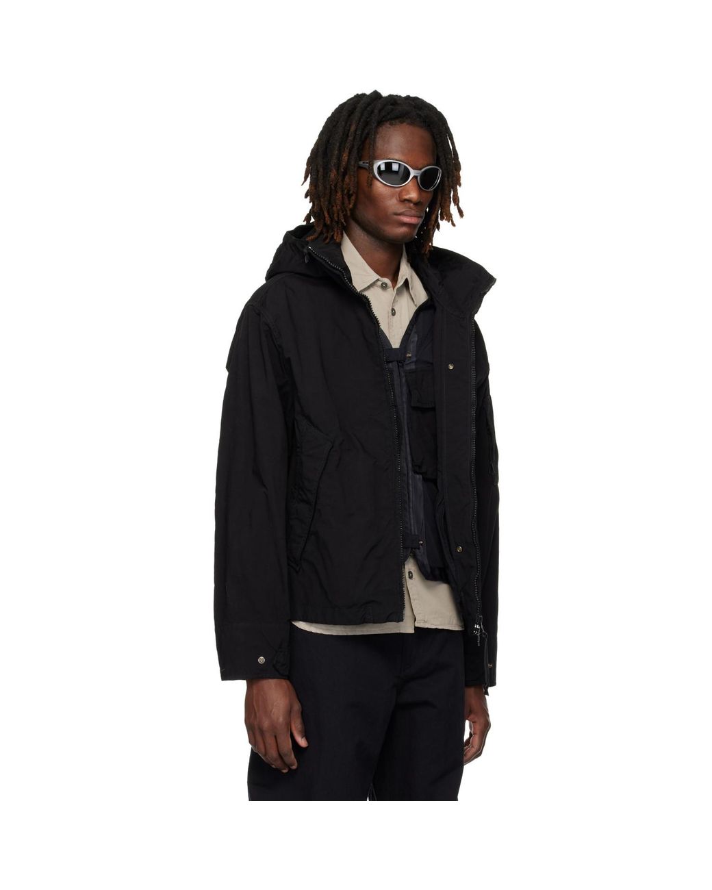 C P Company Black Twill Hooded Lens Jacket for men