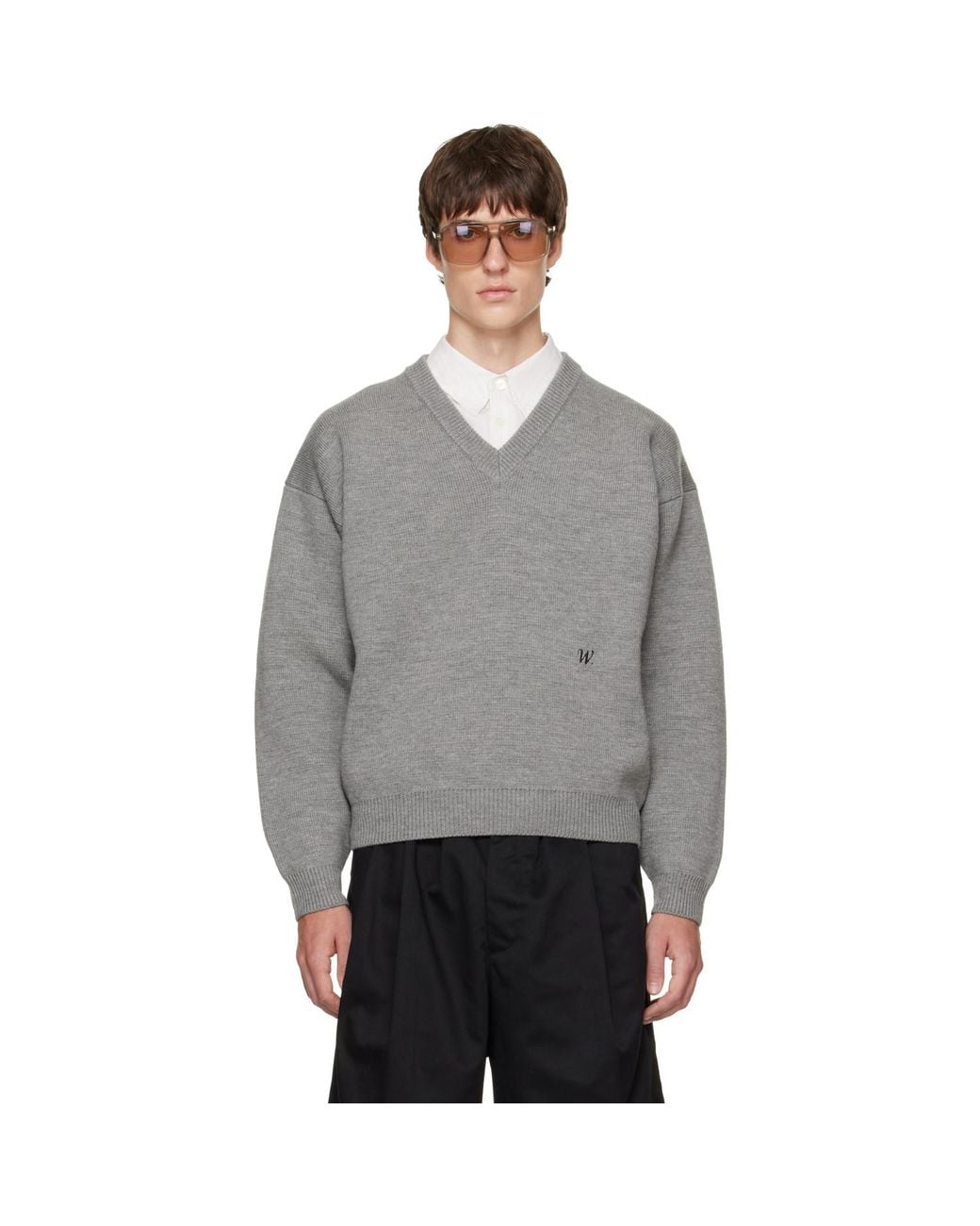 Willy Chavarria Gray 'Chavarria' V-Neck Sweater for men