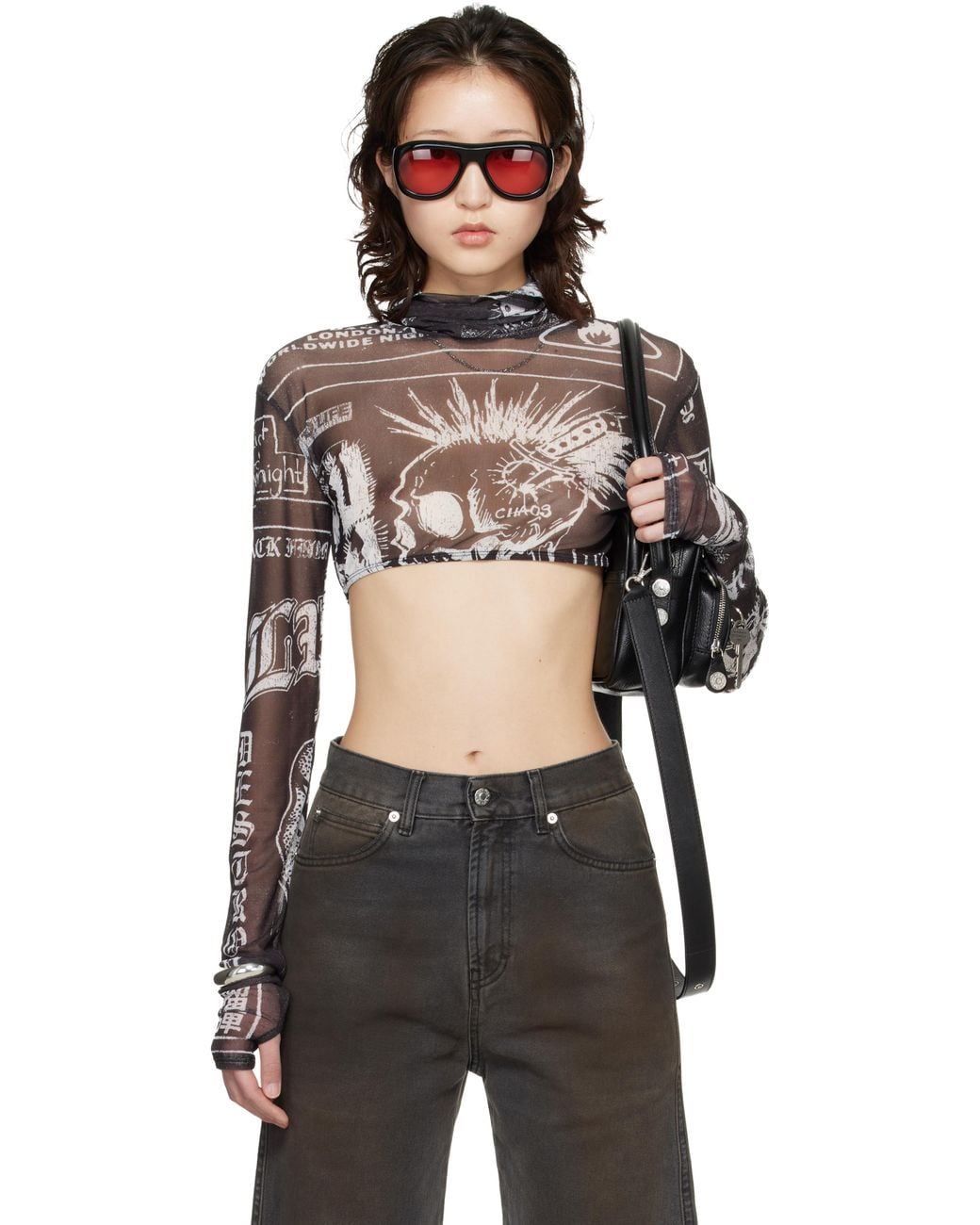Lu'u Dan Black Masked Mesh Crop Top