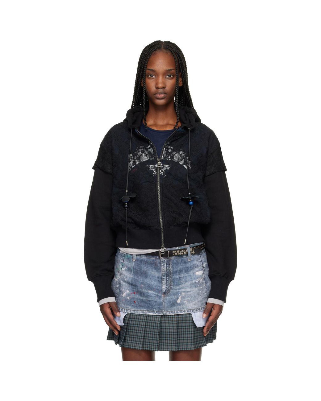 ANDERSSON BELL Black Lace Layered Zip Up Hoodie