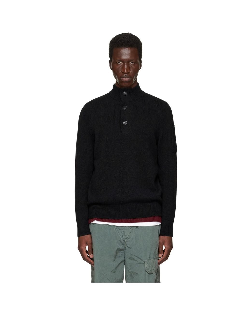 C P Company Black Lambswool Grs Half Button Sweater for men