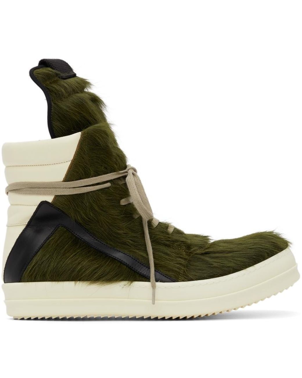 Rick Owens Leather Green & Offwhite Pony Hair Geobasket Sneakers for
