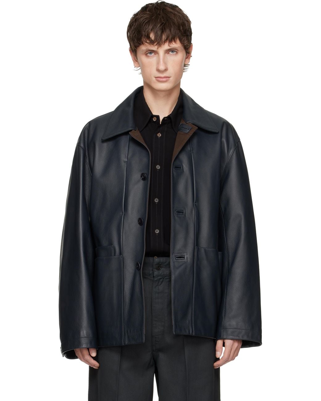 マ*ク様 LEMAIRE LEATHER WORKWEAR JKT LEATHER WORKWEAR JACKET - Asphalt - Grained Cow Leather - Men