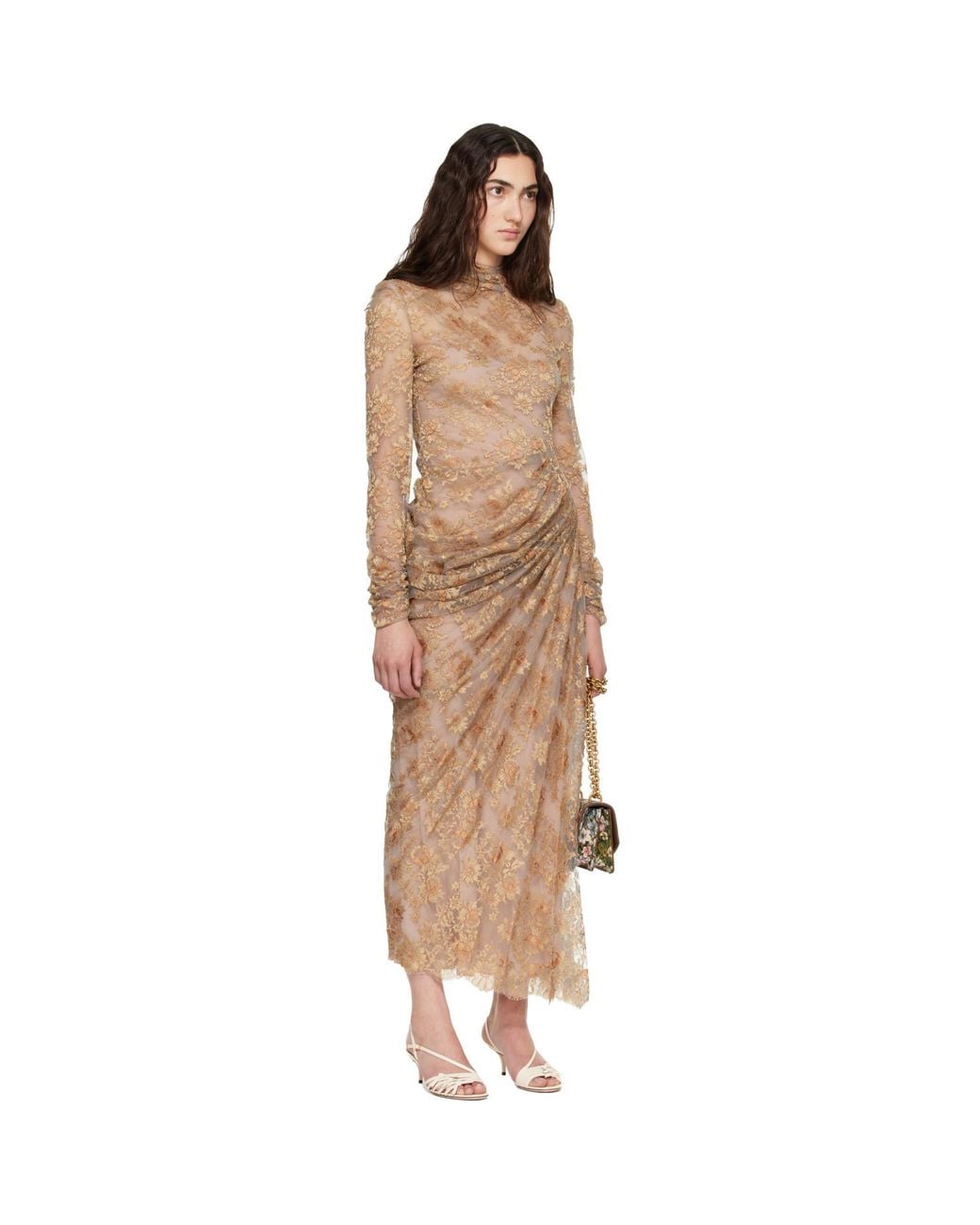 Valentino Brown Feather Lace Maxi Dress