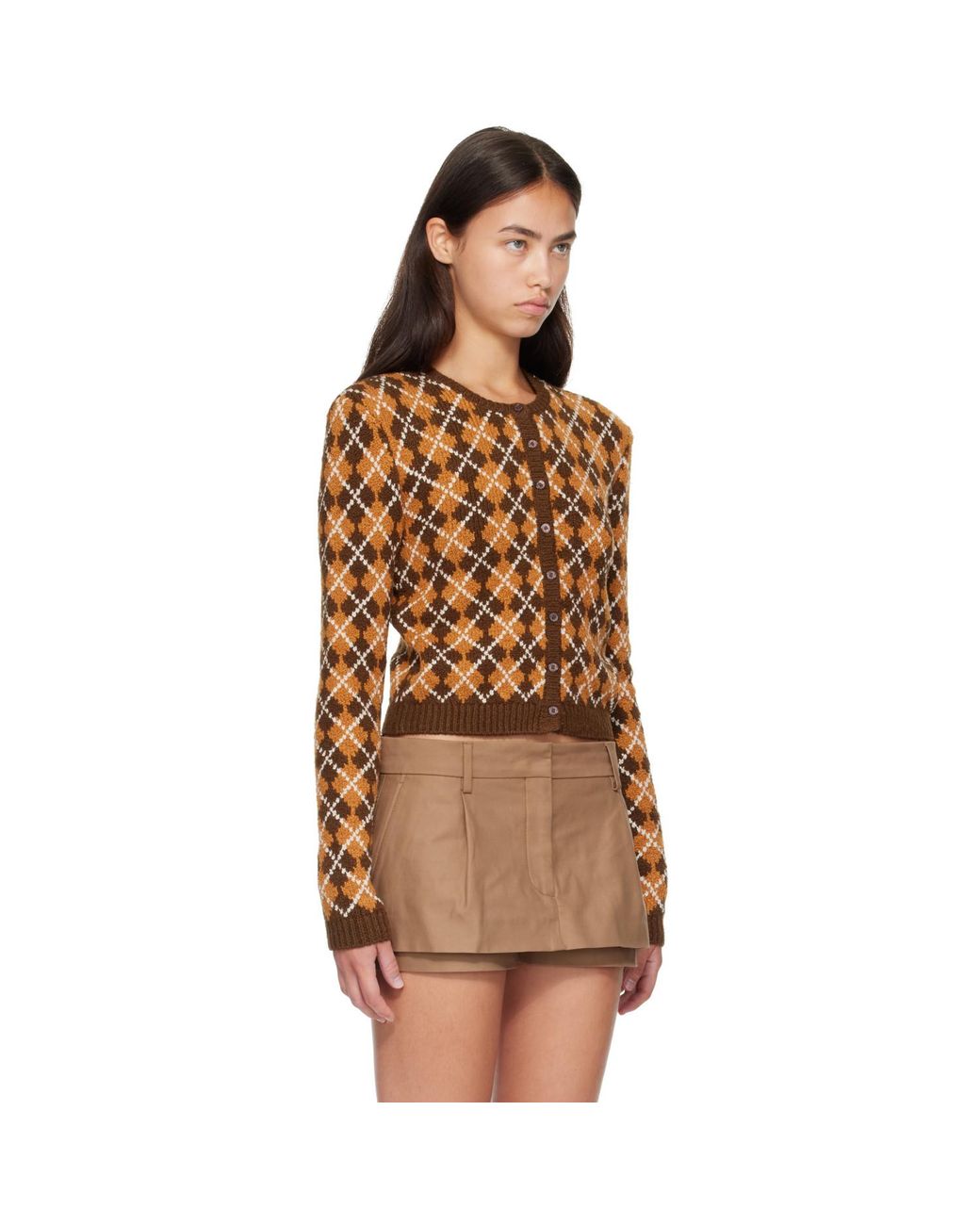 Acne Brown Bouclé Argyle Knit Cardigan
