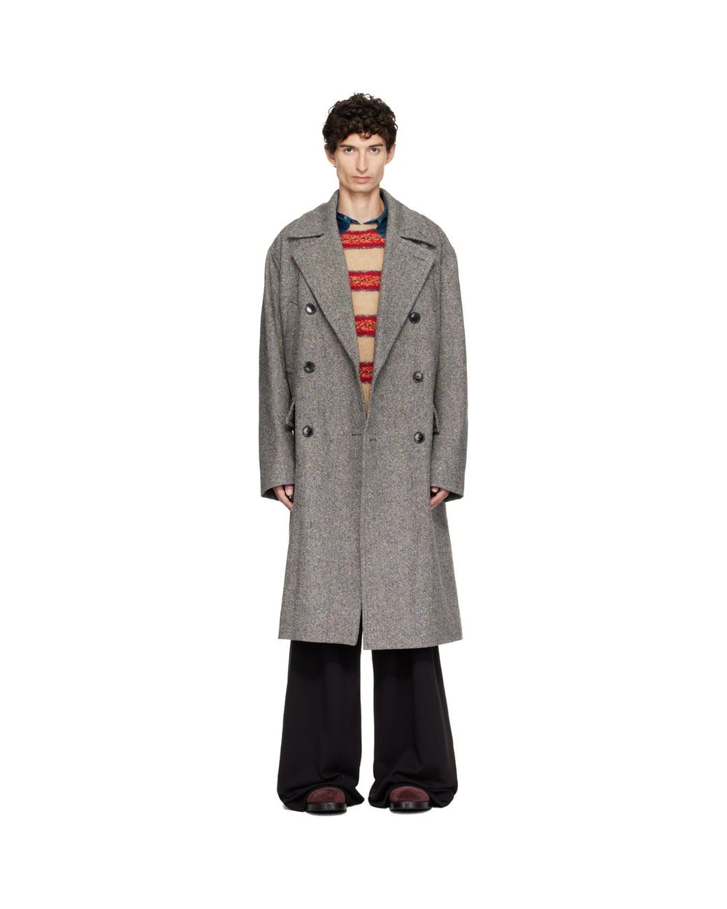 Dries Van Noten Gray Oversized Wool Tweed Coat for men