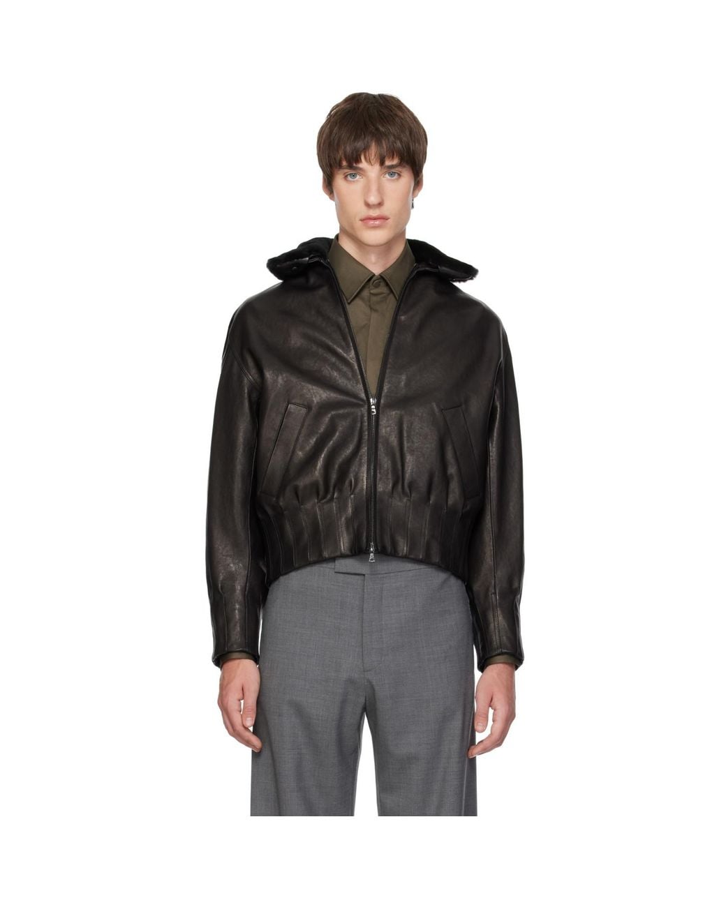 AARON ESH Black Shearling Collar Leather Bomber for men