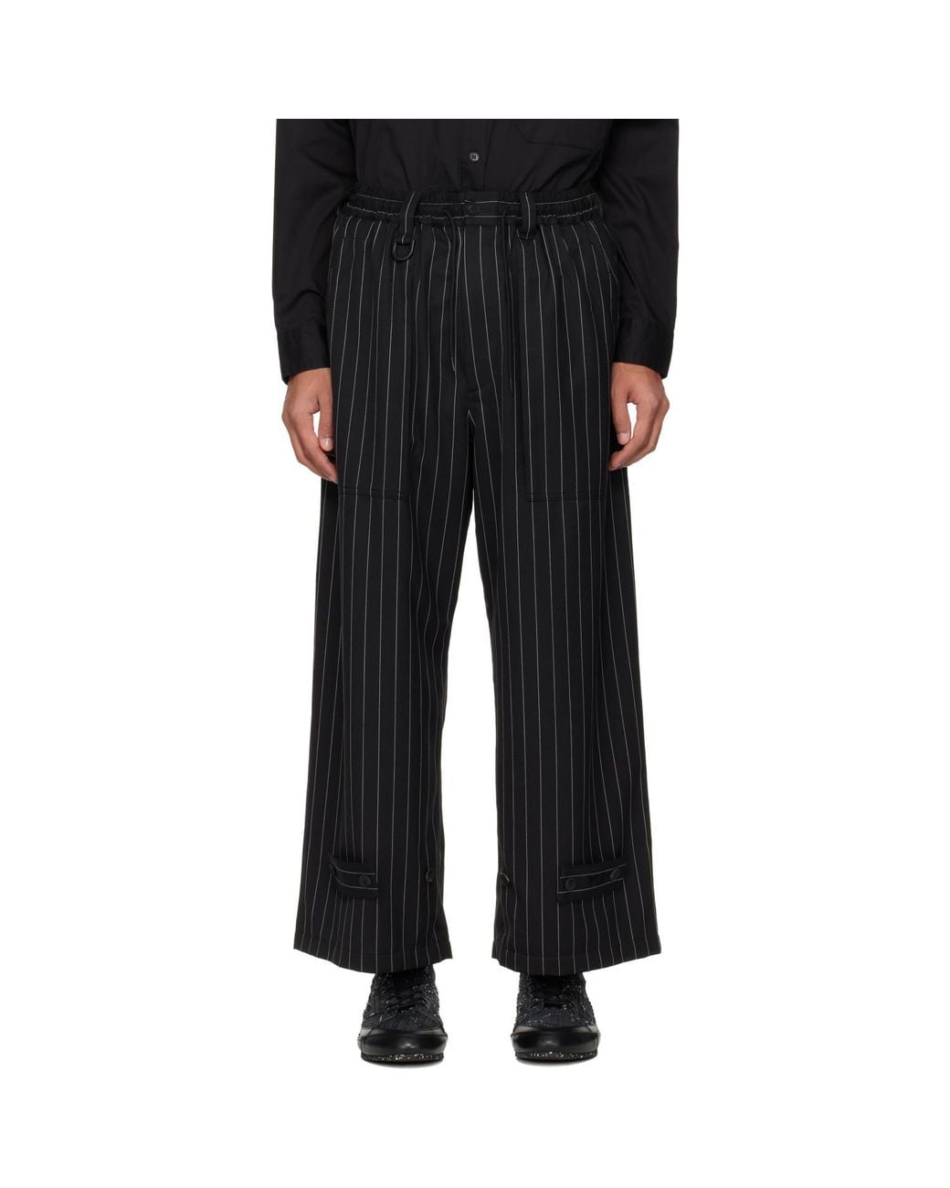 Y-3 Black Pinstripe Refined Wool Wide Leg Trousers for men