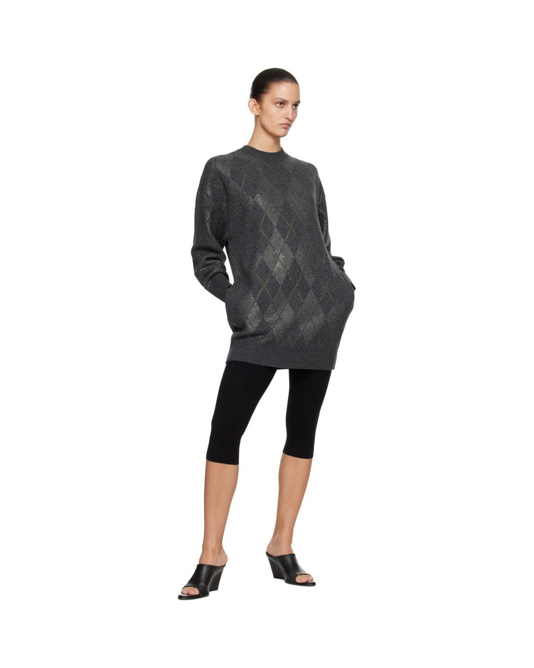Alexander Wang Black Long Sleeve Crewneck Crystal Argyle Hotfix Minidress