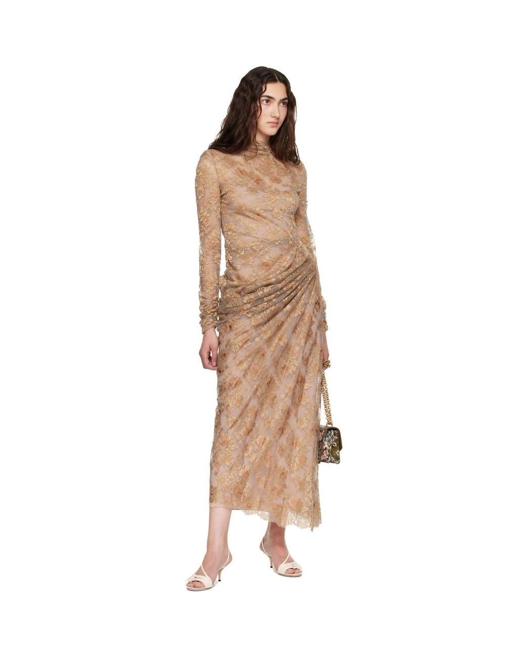 Valentino Brown Feather Lace Maxi Dress