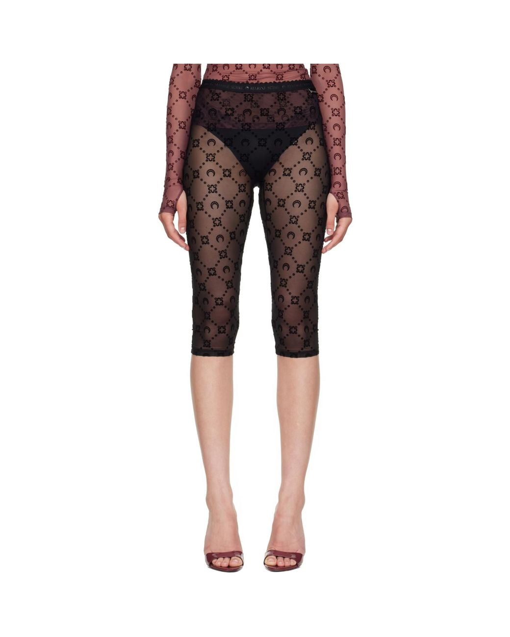 MARINE SERRE Black Moonogram Mesh Flock Capri Leggings