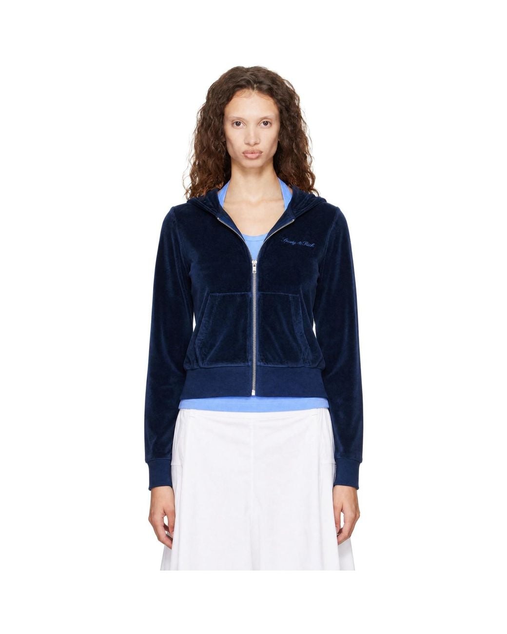 Sporty & Rich Blue Signature Logo Krystal Zip Hoodie