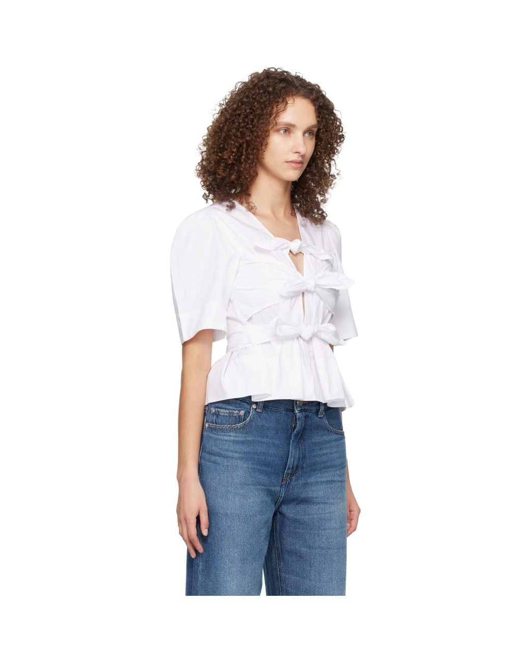 Ganni White Washed Stretch Cotton Tie Strap Blouse