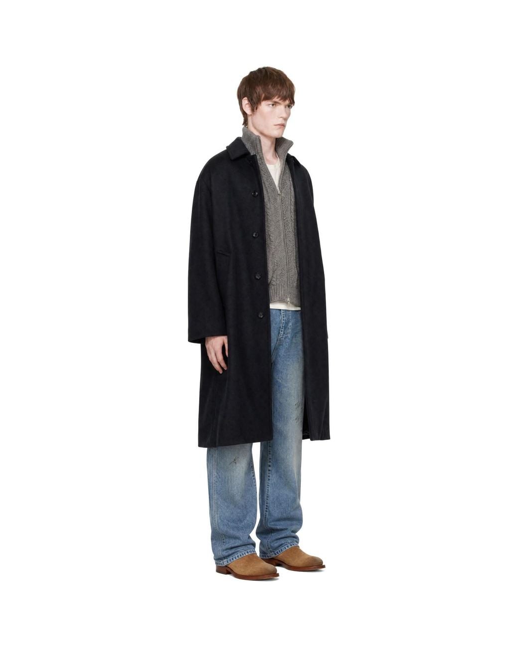 vowels Black Wool Overcoat for men