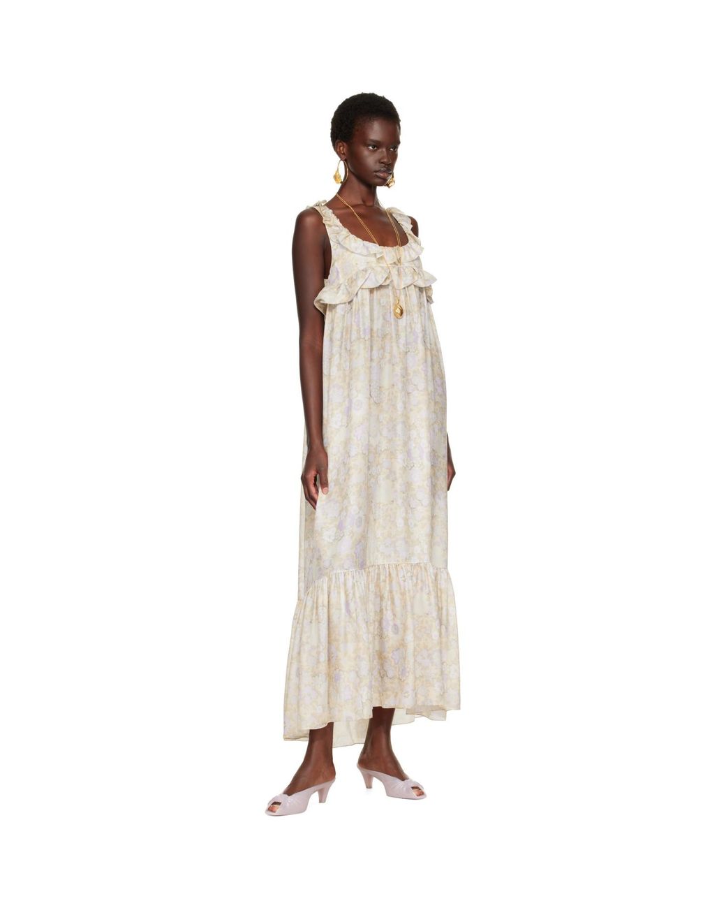 Chloé Natural Painted Flowers Print Silk Charmeuse Maxi Dress