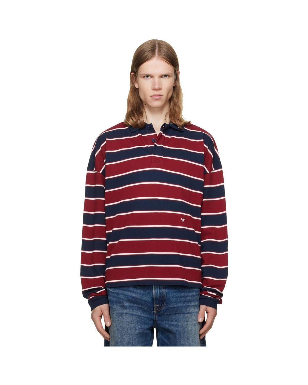 Rhude Red Fontaine Striped Long Sleeve Polo for men