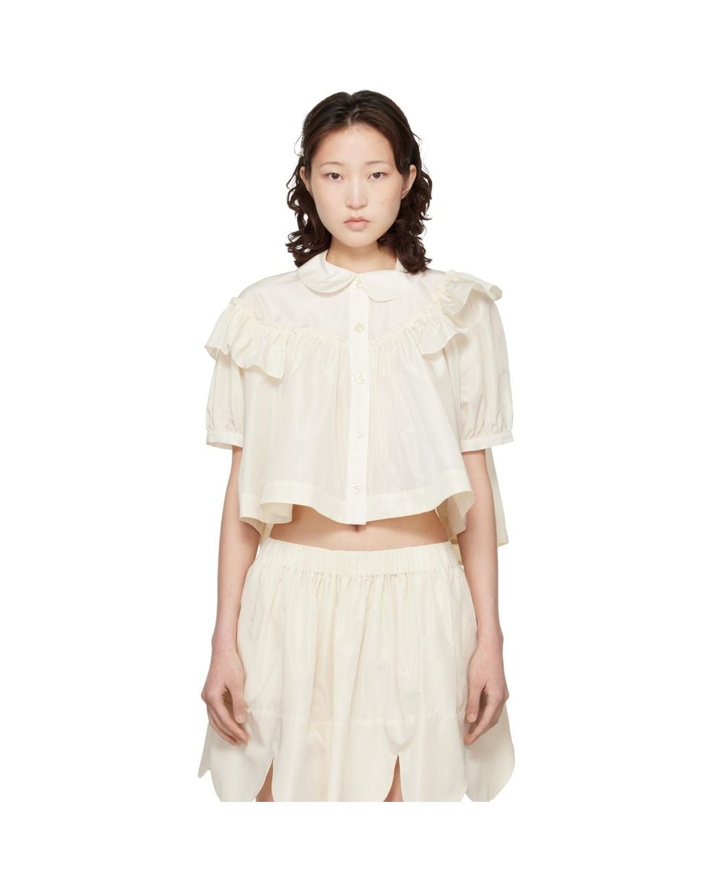 Simone Rocha Natural Off- Cropped Puff Sleeve Ruffle Frill Shirt