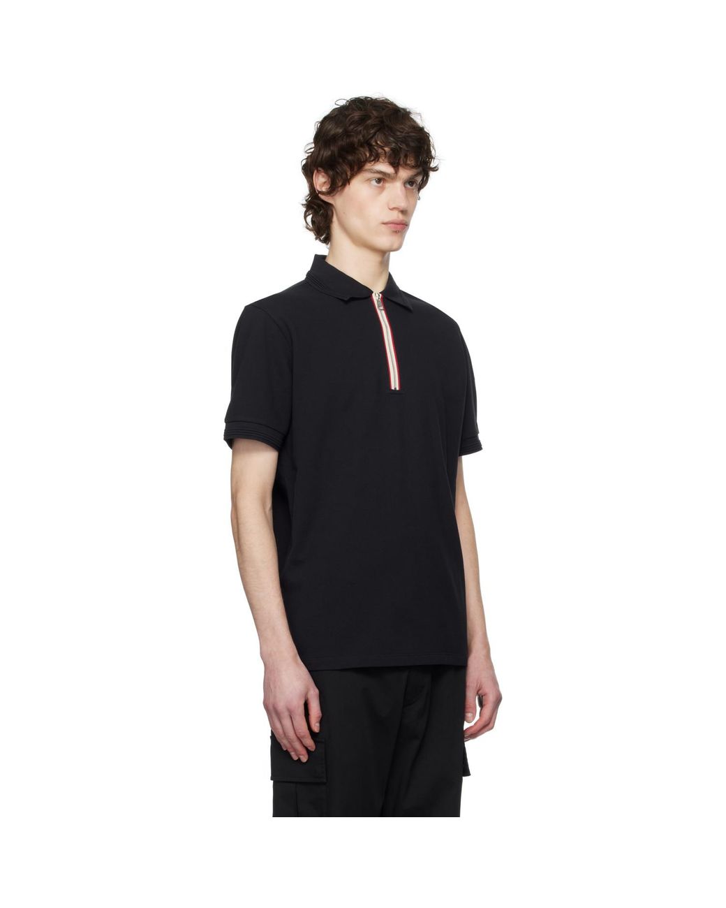 Moncler Black Tricolour Trim Cotton Piquet Polo for men