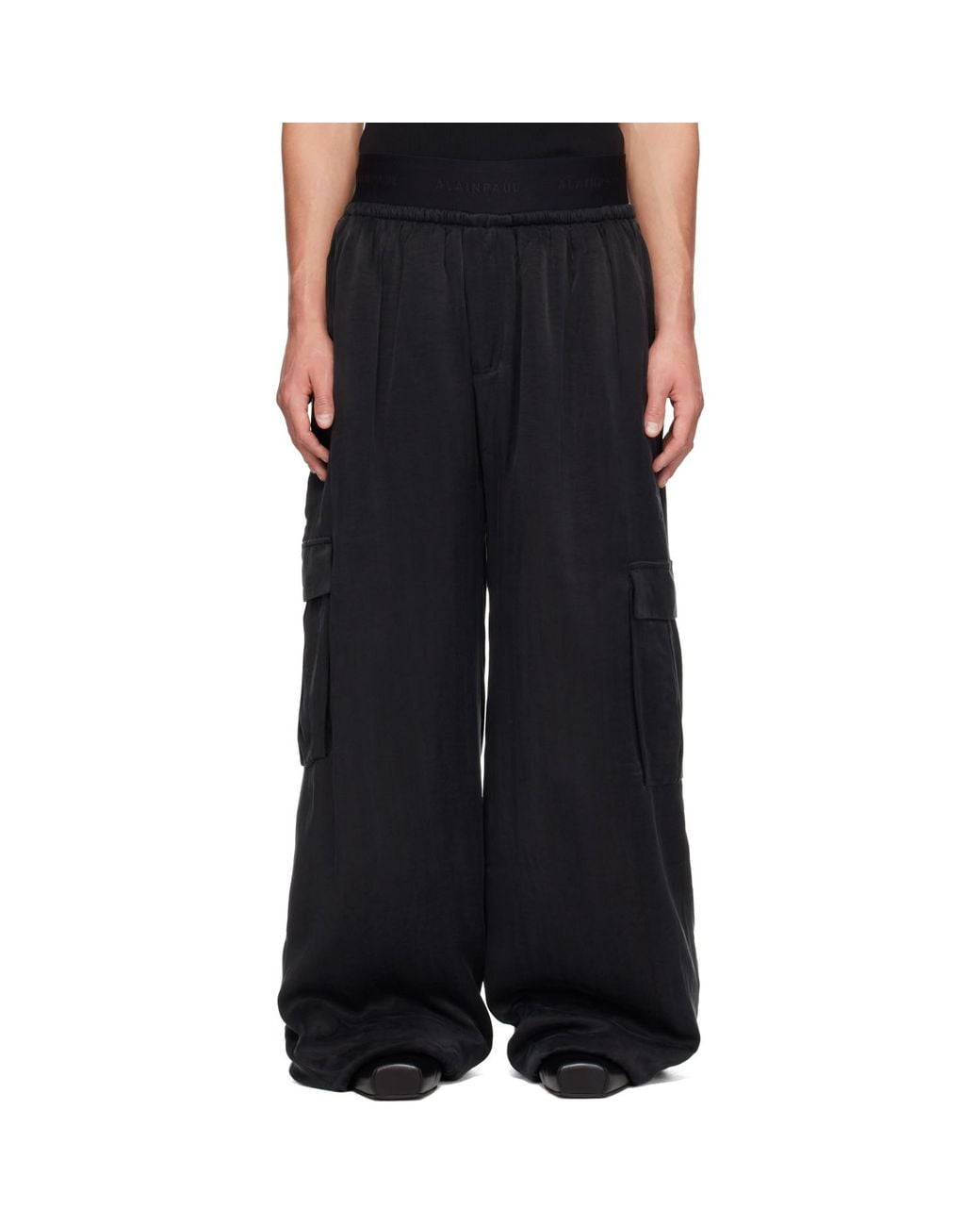 ALAINPAUL Black Silk Padded Cargo Pants for men
