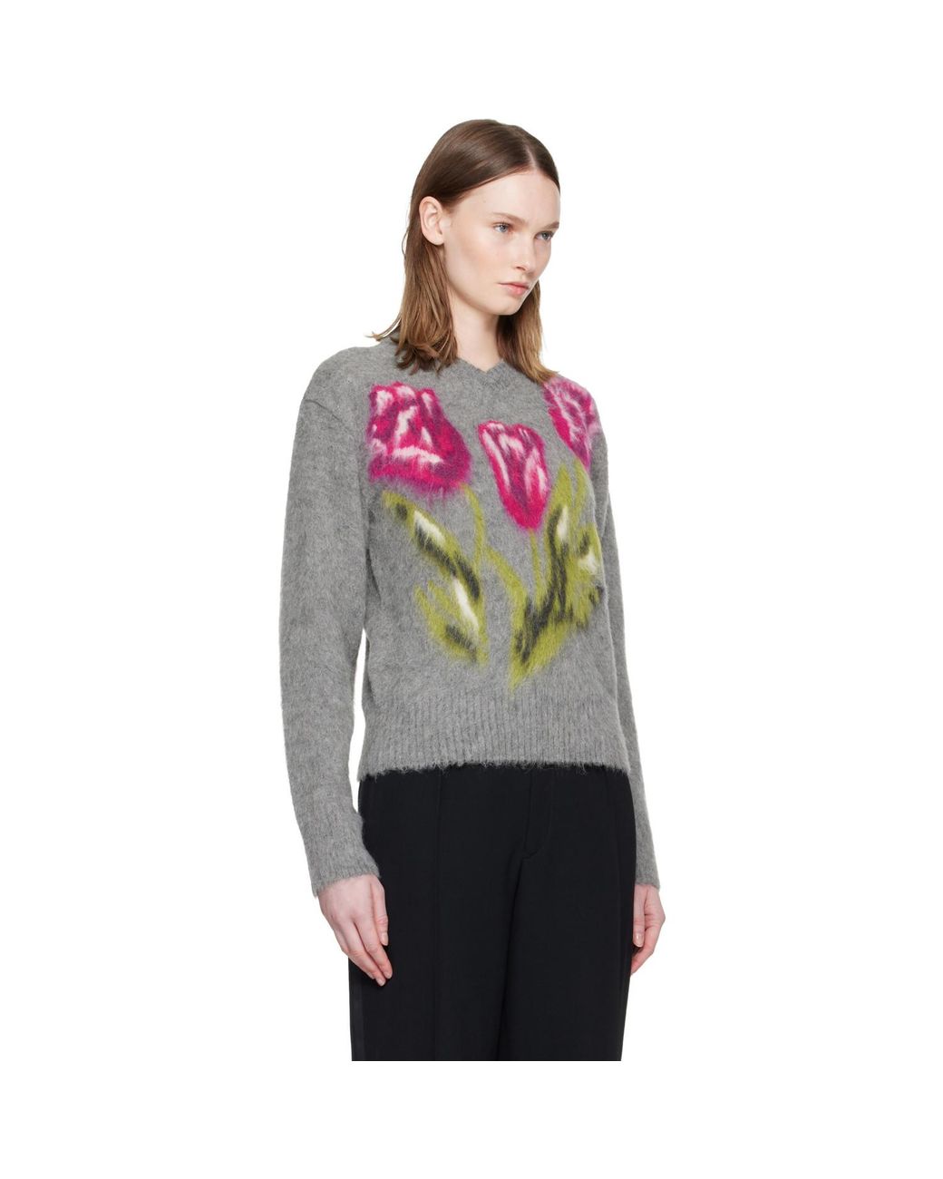 Maison Margiela Gray Brushed Alpaca V-Neck Sweater