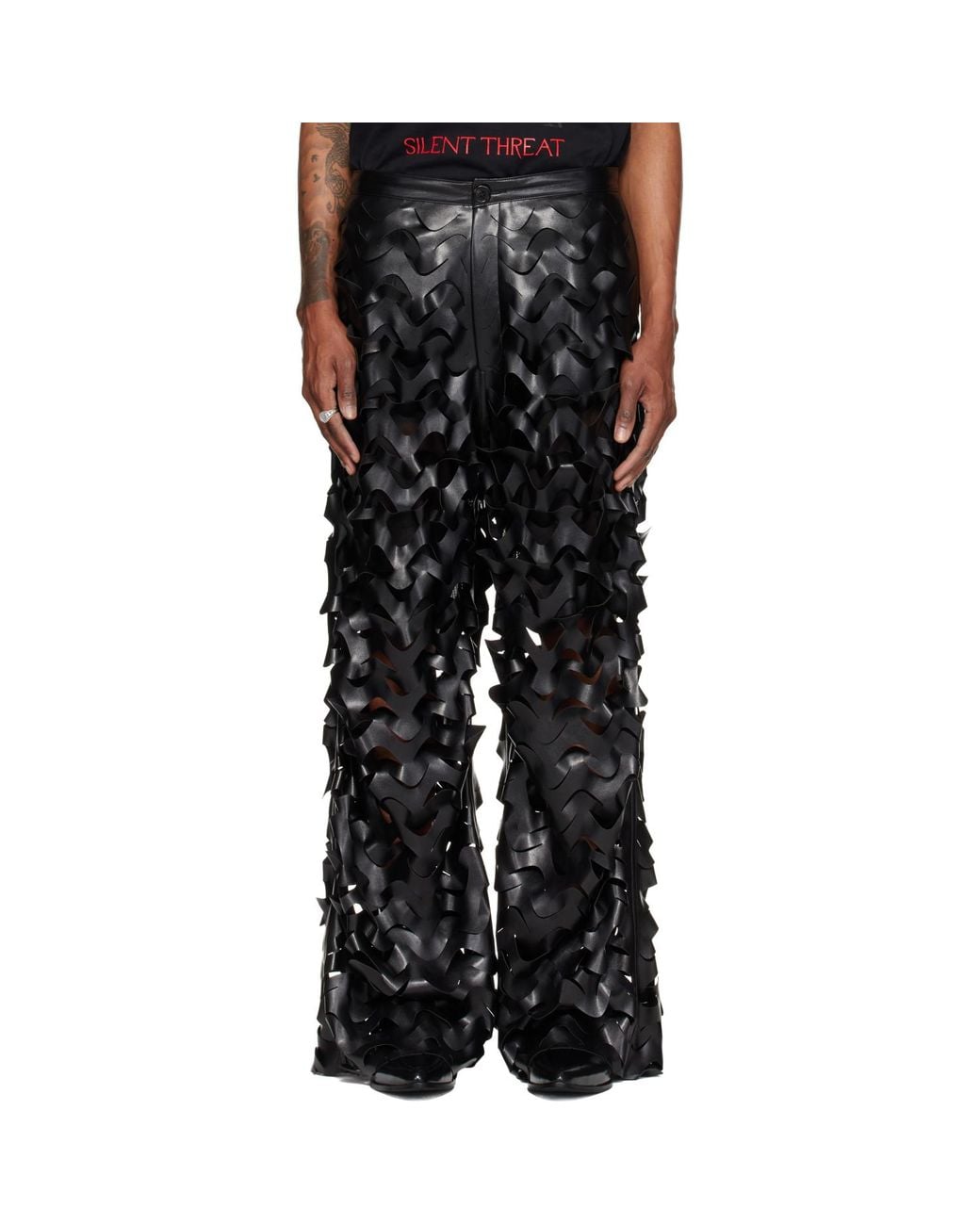 Lu'u Dan Black Laser Cut Faux-Leather Trousers for men