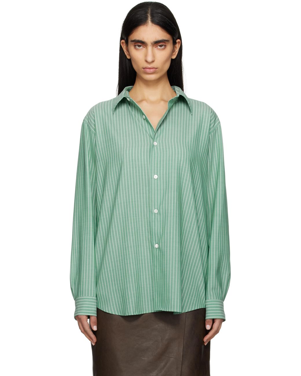 AURALEE Super Fine Wool Stripe Shirt in Green | Lyst AURALEE Super Fine Wool Stripe Shirt in Green | Lyst