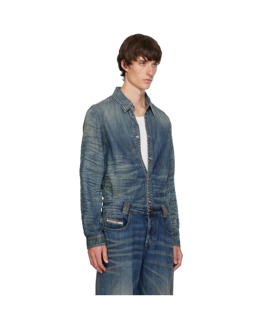 DIESEL Blue Dirty-Effect Creased Denim Shirt for men