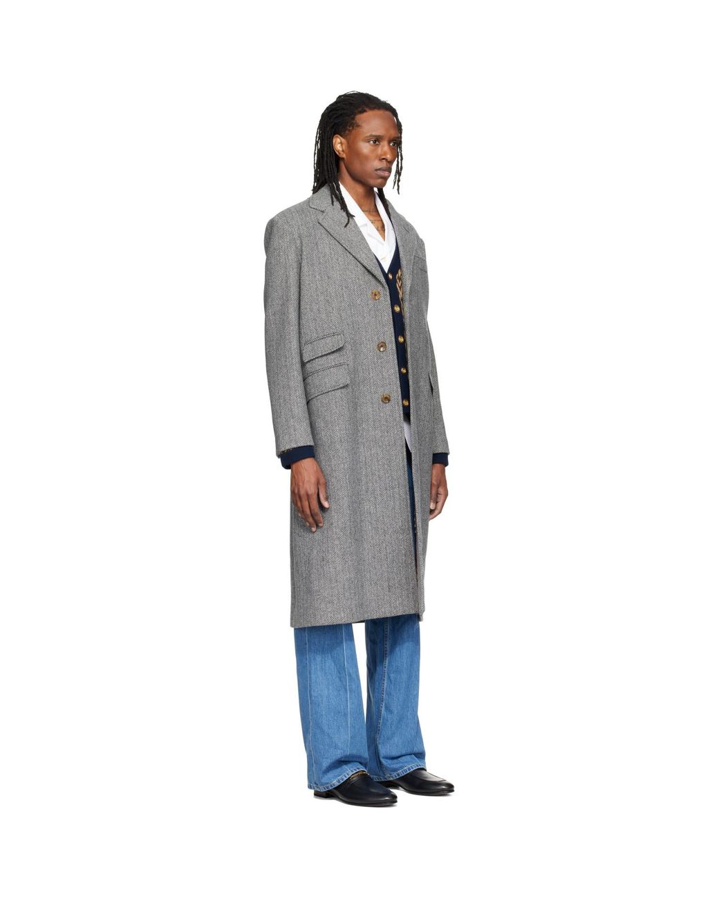 Valentino Gray Wool Herringbone Coat for men