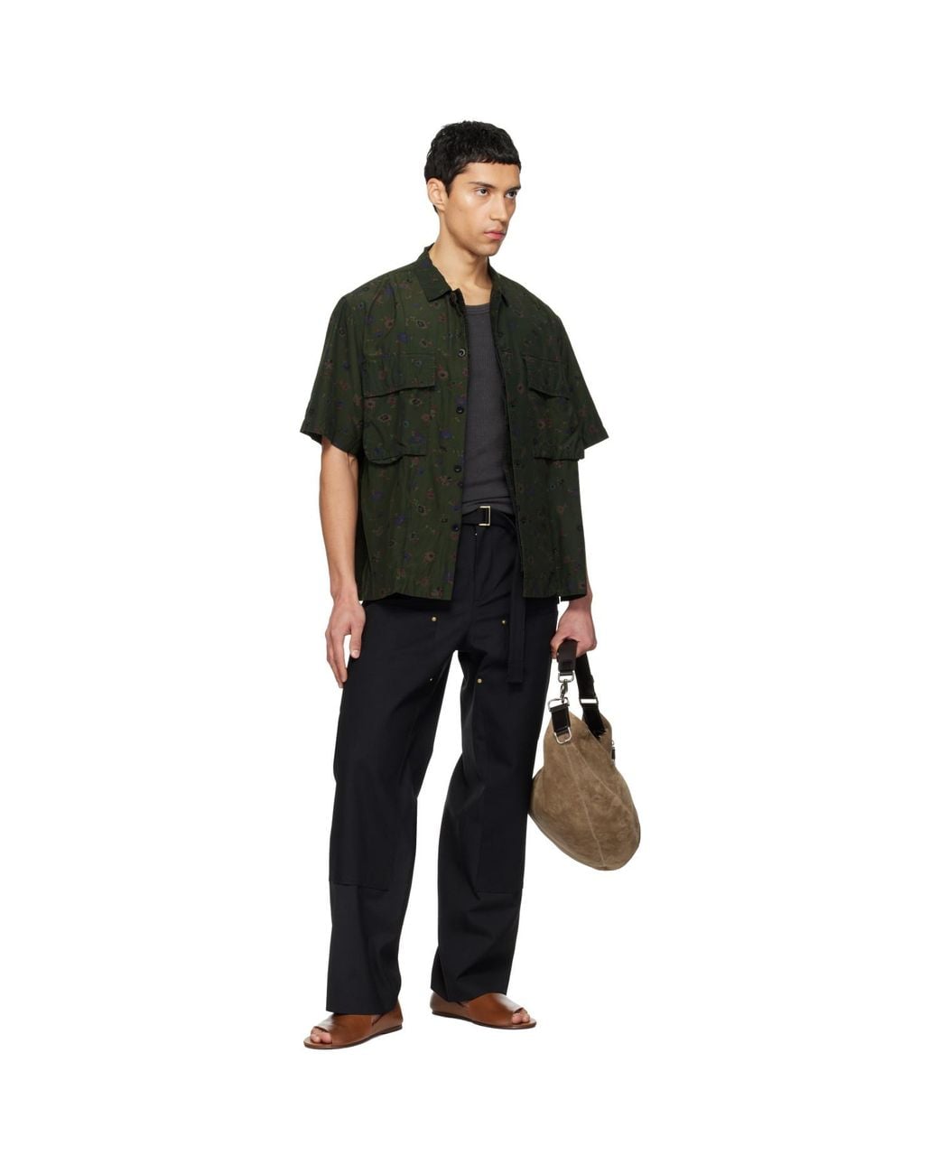 Sacai Black Khaki Overdyed Floral Print Shirt for men