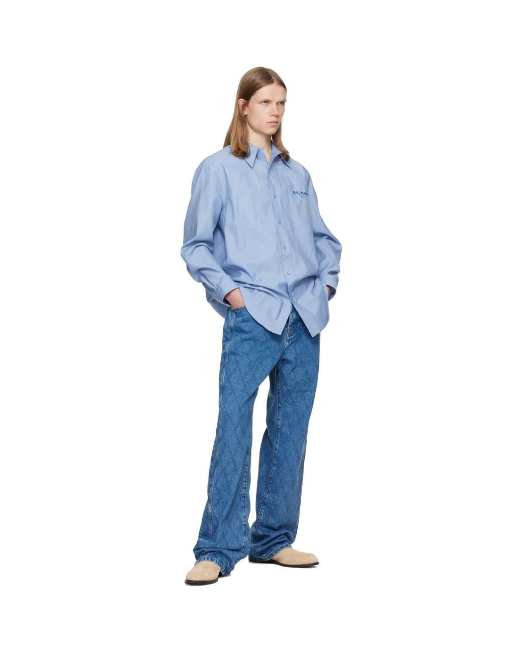 Balmain Blue Herringbone Poplin Regular Shirt for men