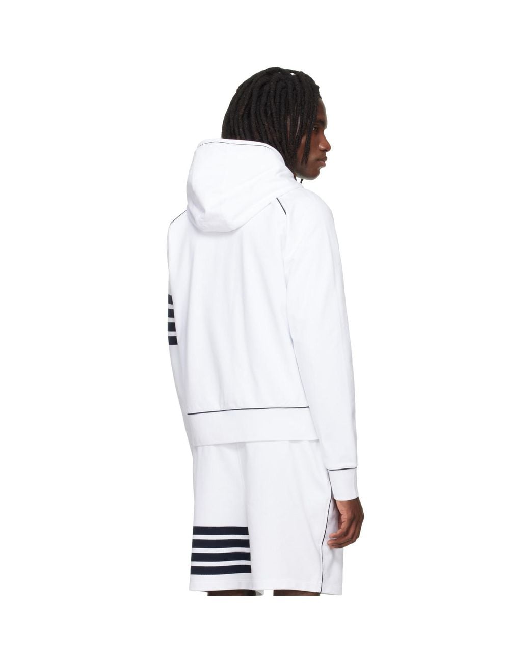 Thom Browne White Loopback 4-Bar Zip Up Hoodie for men