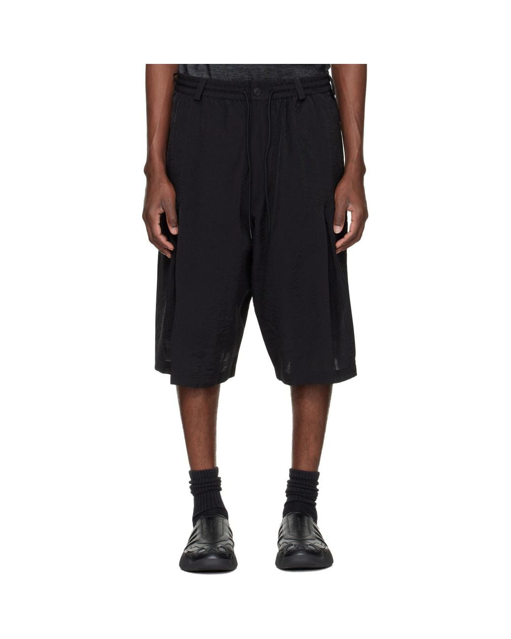Y-3 Black Crinkle Pleated Shorts for men