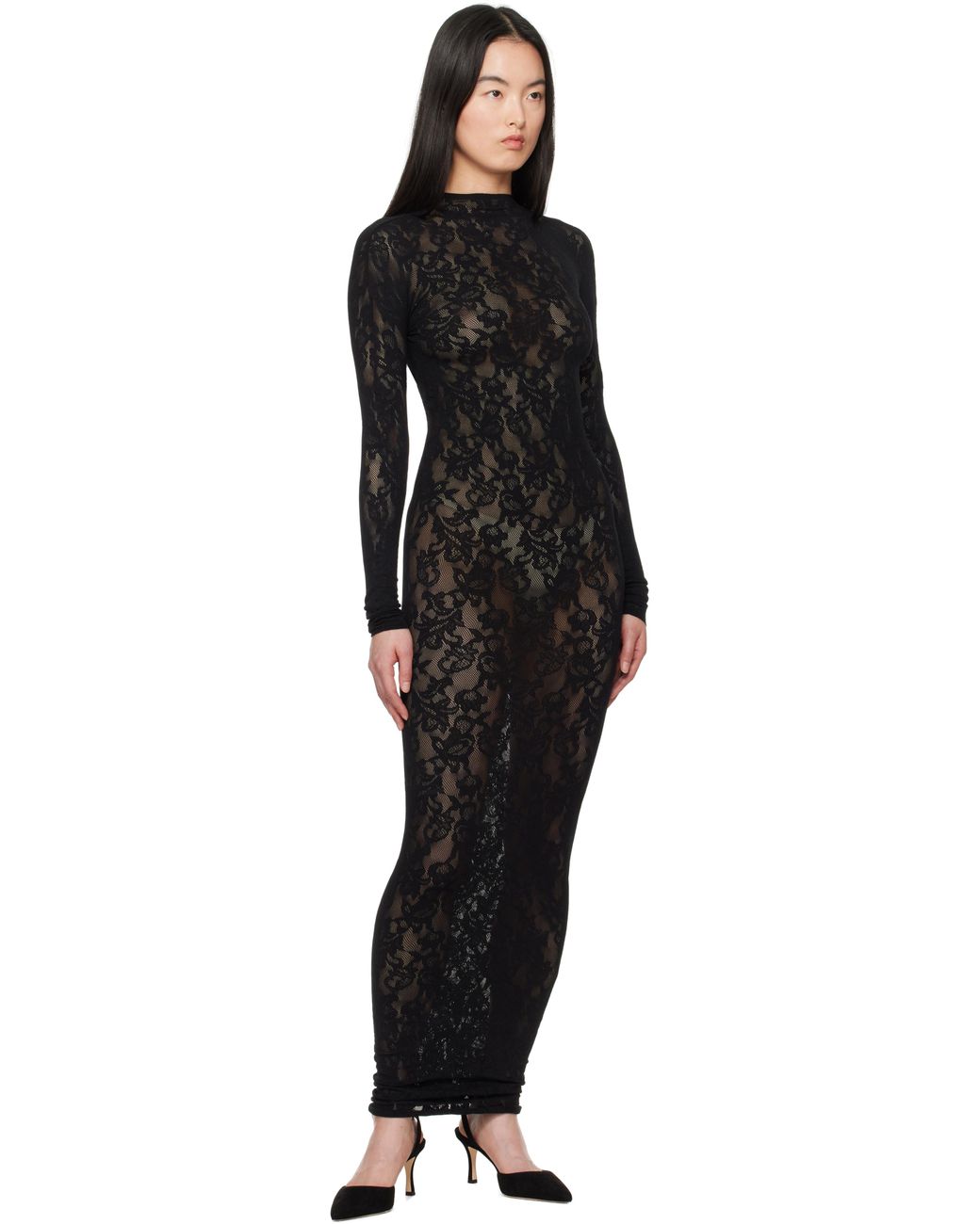 knit lace mock neck dress skims Turtleneck Maxi in Black pink piping
