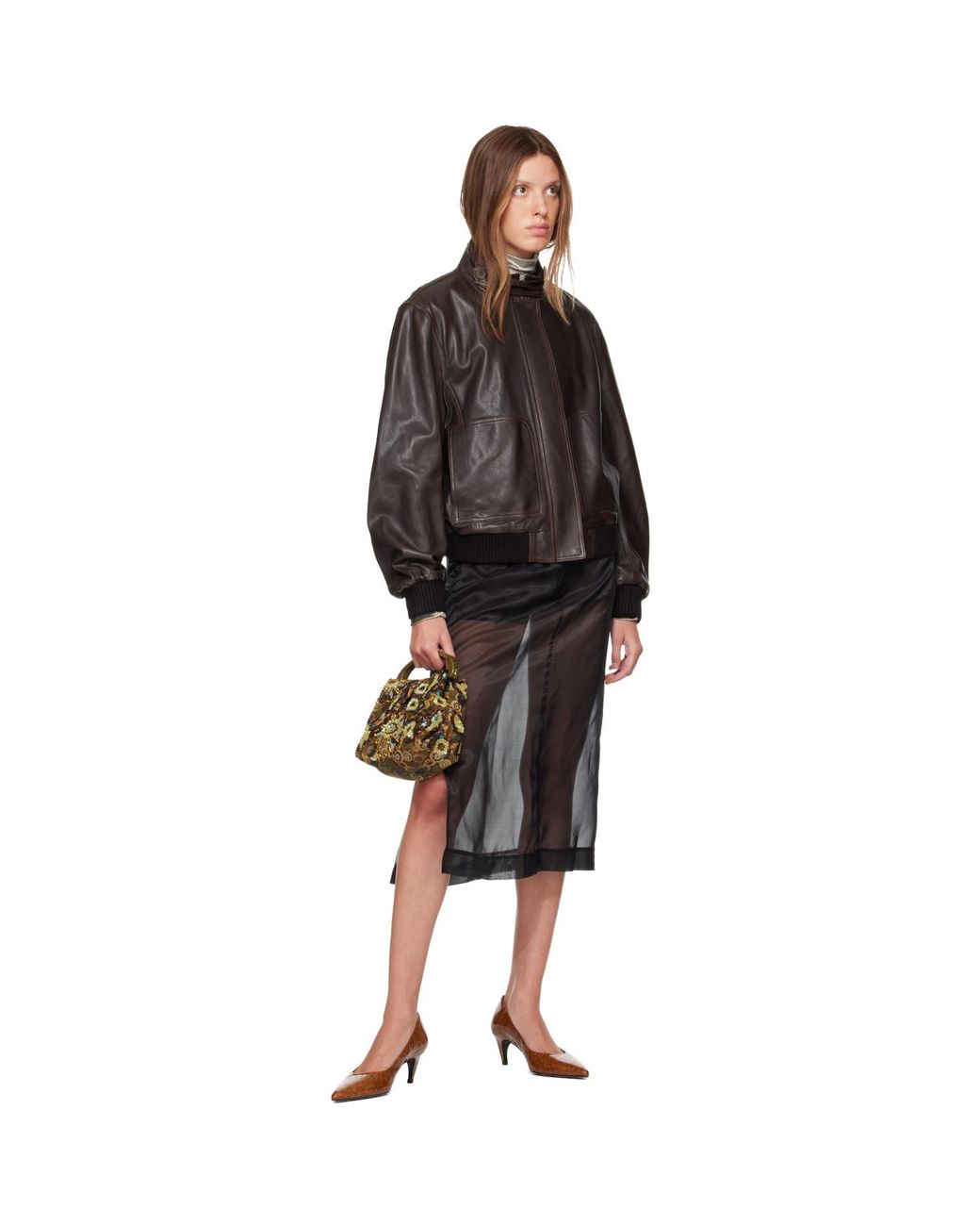Nour Hammour Brown Rios Leather Bomber Jacket
