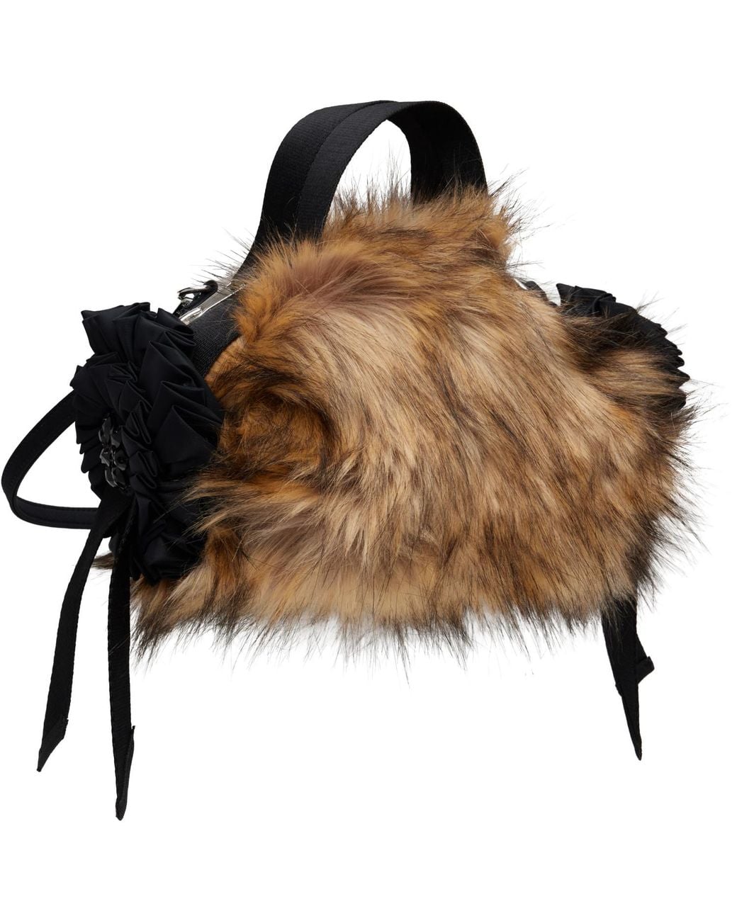 Simone Rocha Brown Embellished Mini Faux Fur Double Ribbon Rosette Tote